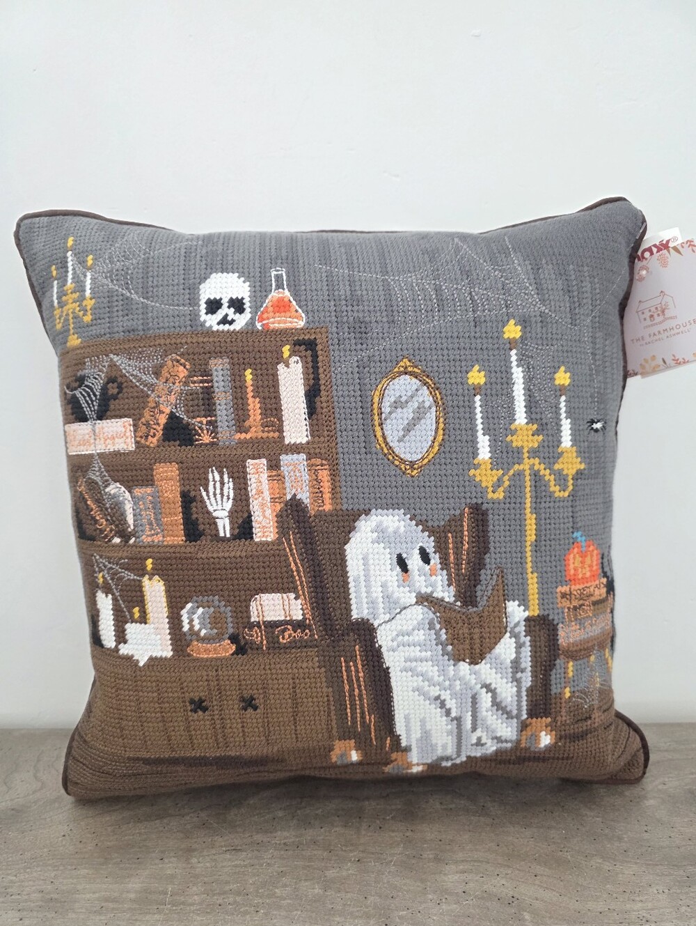 The Farmhouse Halloween Ghost Reading Book Beaded Decorative Pillow New